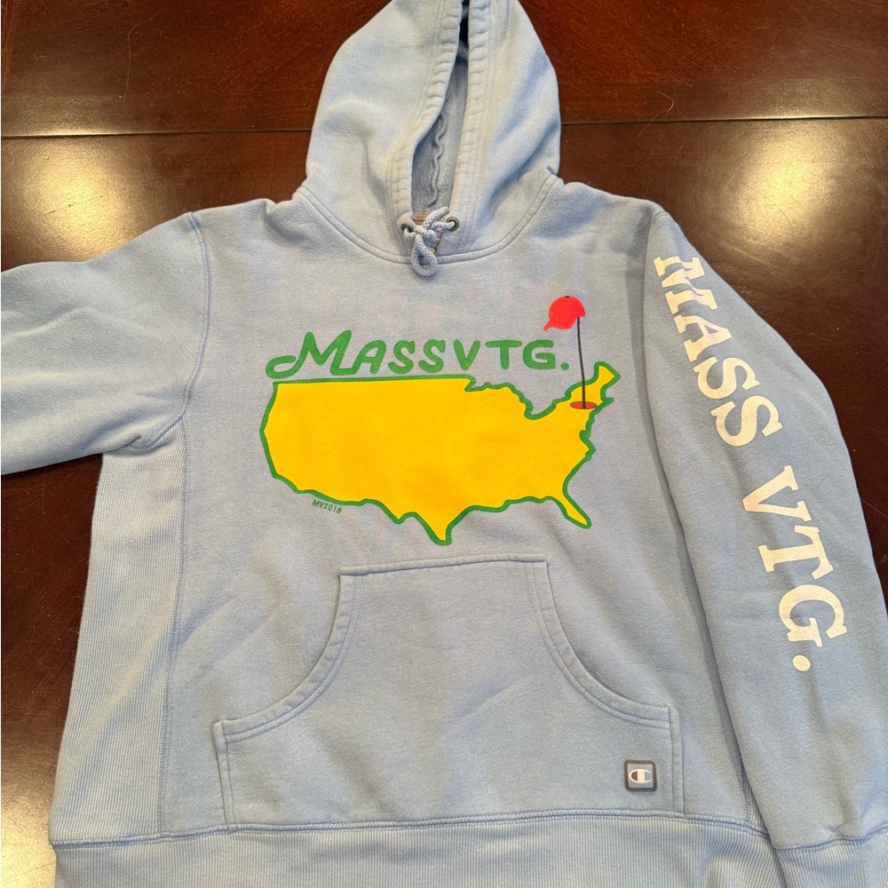 Champion Light Blue Hoodie with Yellow and Green Graphic